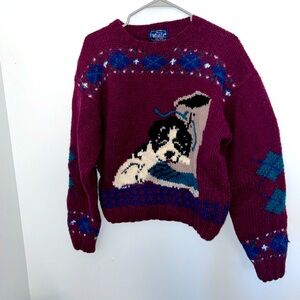 Vtg Woolrich Woman 90’s Chunky Wool knit Puppy Dog On A Boot outdoor Sweater S